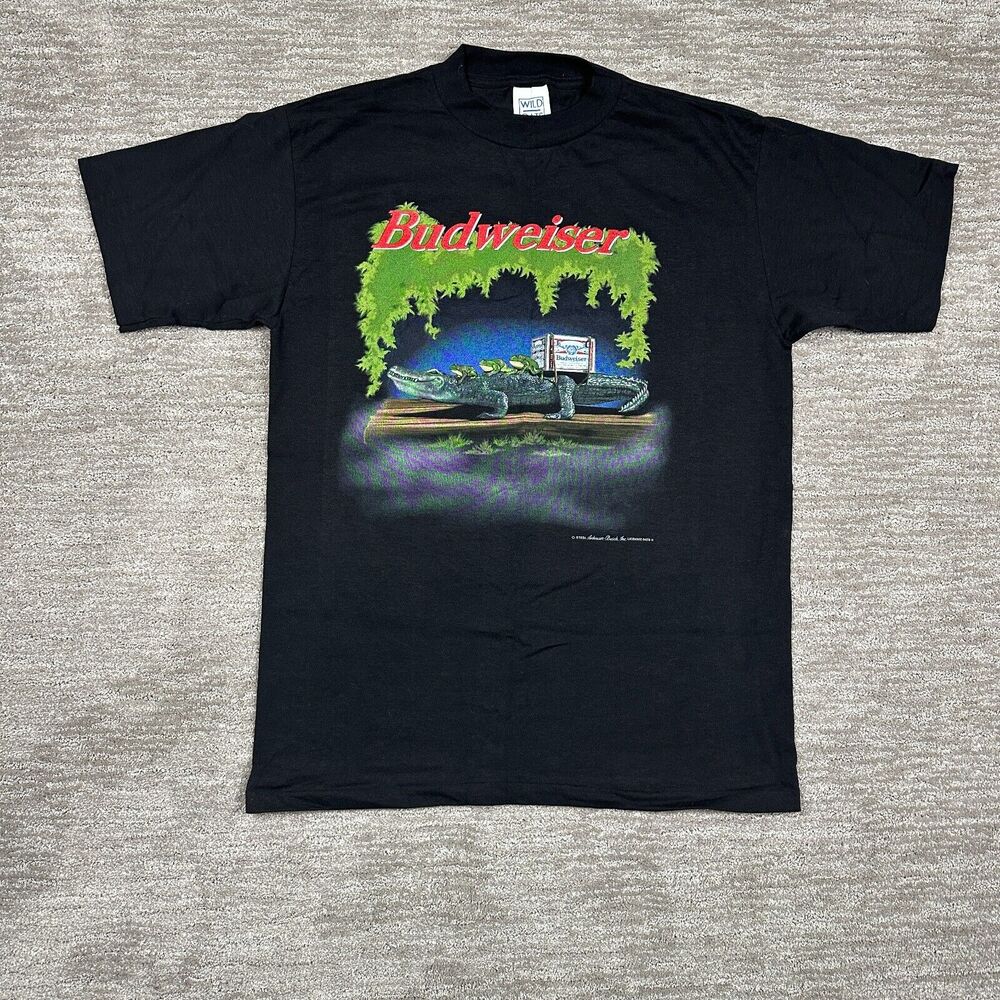 VTG Budweiser Shirt Mens Large Black Frogs Alligator Single Stitch USA 1996
